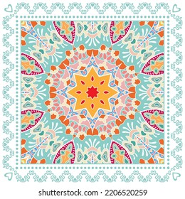 Dekorative Doodle-Ornament, symmetrisches Muster mit Spitzenrahmen. Ethnisch-ethnische Mandalendekor. Bandana-Schal, Hijab, Tischdecken-Stoffdruck, Seidenhalsschal, Kerochdesign. Farbiger Vektorhintergrund