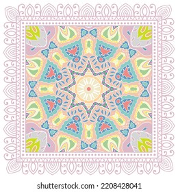 Dekorative Doodle-Ornament, symmetrisches Muster mit Spitzenrahmen. Ethnisch-ethnische Mandalendekor. Bandana-Schal, Hijab, Tischdecken-Stoffdruck, Seidenhalsschal, Kerochdesign. Farbiger Vektorhintergrund
