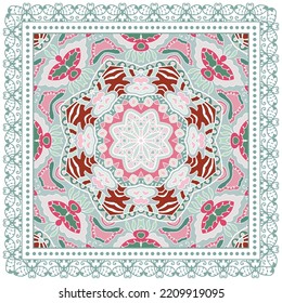 Decorative doodle ornament, symmetric pattern with lace frame. Tribal ethnic mandala decor. Bandana shawl, hijab, tablecloth fabric print, silk neck scarf, kerchief design. Colorful vector background