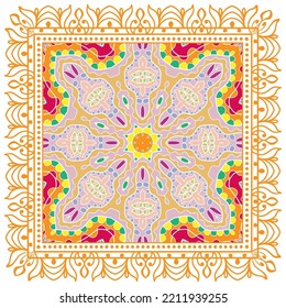 Decorative doodle ornament, symmetric pattern with lace frame. Tribal ethnic mandala decor. Bandana shawl, hijab, tablecloth fabric print, silk neck scarf, kerchief design. Colorful vector background