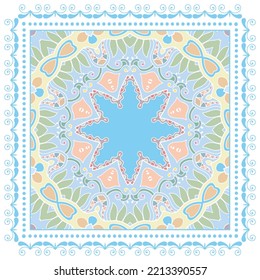 Decorative doodle ornament, symmetric pattern with lace frame. Tribal ethnic mandala decor. Bandana shawl, hijab, tablecloth fabric print, silk neck scarf, kerchief design. Colorful vector background
