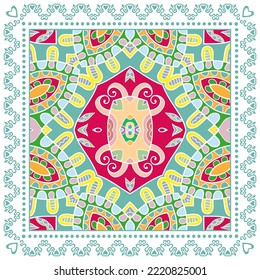 Decorative doodle ornament, symmetric pattern with lace frame. Tribal ethnic mandala decor. Bandana shawl, hijab, tablecloth fabric print, silk neck scarf, kerchief design. Colorful vector background