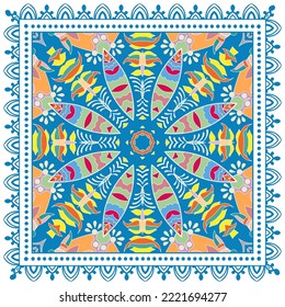 Decorative doodle ornament, symmetric pattern with lace frame. Tribal ethnic mandala decor. Bandana shawl, hijab, tablecloth fabric print, silk neck scarf, kerchief design. Colorful vector background