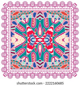 Decorative doodle ornament, symmetric pattern with lace frame. Tribal ethnic mandala decor. Bandana shawl, hijab, tablecloth fabric print, silk neck scarf, kerchief design. Colorful vector background