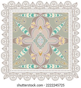 Decorative doodle ornament, symmetric pattern with lace frame. Tribal ethnic mandala decor. Bandana shawl, hijab, tablecloth fabric print, silk neck scarf, kerchief design. Colorful vector background
