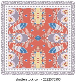 Dekorative Doodle-Ornament, symmetrisches Muster mit Spitzenrahmen. Ethnisch-ethnische Mandalendekor. Bandana-Schal, Hijab, Tischdecken-Stoffdruck, Seidenhalsschal, Kerochdesign. Farbiger Vektorhintergrund