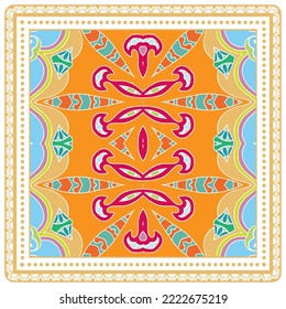 Decorative doodle ornament, symmetric pattern with lace frame. Tribal ethnic mandala decor. Bandana shawl, hijab, tablecloth fabric print, silk neck scarf, kerchief design. Colorful vector background