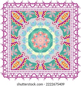 Decorative doodle ornament, symmetric pattern with lace frame. Tribal ethnic mandala decor. Bandana shawl, hijab, tablecloth fabric print, silk neck scarf, kerchief design. Colorful vector background