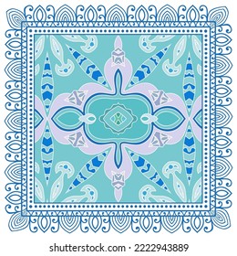 Decorative doodle ornament, symmetric pattern with lace frame. Tribal ethnic mandala decor. Bandana shawl, hijab, tablecloth fabric print, silk neck scarf, kerchief design. Colorful vector background