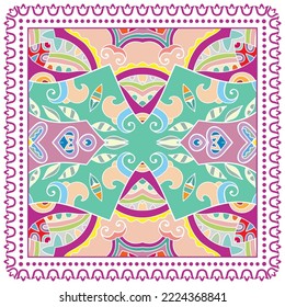 Decorative doodle ornament, symmetric pattern with lace frame. Tribal ethnic mandala decor. Bandana shawl, hijab, tablecloth fabric print, silk neck scarf, kerchief design. Colorful vector background