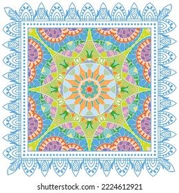 Decorative doodle ornament, symmetric pattern with lace frame. Tribal ethnic mandala decor. Bandana shawl, hijab, tablecloth fabric print, silk neck scarf, kerchief design. Colorful vector background