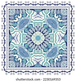 Decorative doodle ornament, symmetric pattern with lace frame. Tribal ethnic mandala decor. Bandana shawl, hijab, tablecloth fabric print, silk neck scarf, kerchief design. Colorful vector background