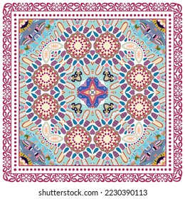 Decorative doodle ornament, symmetric pattern with lace frame. Tribal ethnic mandala decor. Bandana shawl, hijab, tablecloth fabric print, silk neck scarf, kerchief design. Colorful vector background