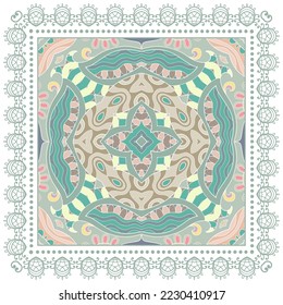 Decorative doodle ornament, symmetric pattern with lace frame. Tribal ethnic mandala decor. Bandana shawl, hijab, tablecloth fabric print, silk neck scarf, kerchief design. Colorful vector background