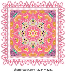 Decorative doodle ornament, symmetric pattern with lace frame. Tribal ethnic mandala decor. Bandana shawl, hijab, tablecloth fabric print, silk neck scarf, kerchief design. Colorful vector background
