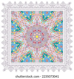 Decorative doodle ornament, symmetric pattern with lace frame. Tribal ethnic mandala decor. Bandana shawl, hijab, tablecloth fabric print, silk neck scarf, kerchief design. Colorful vector background