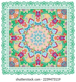 Decorative doodle ornament, symmetric pattern with lace frame. Tribal ethnic mandala decor. Bandana shawl, hijab, tablecloth fabric print, silk neck scarf, kerchief design. Colorful vector background