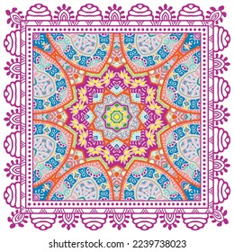Dekorative Doodle-Ornament, symmetrisches Muster mit Spitzenrahmen. Ethnisch-ethnische Mandalendekor. Bandana-Schal, Hijab, Tischdecken-Stoffdruck, Seidenhalsschal, Kerochdesign. Farbiger Vektorhintergrund
