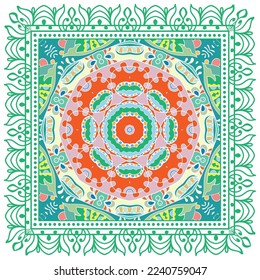 Decorative doodle ornament, symmetric pattern with lace frame. Tribal ethnic mandala decor. Bandana shawl, hijab, tablecloth fabric print, silk neck scarf, kerchief design. Colorful vector background