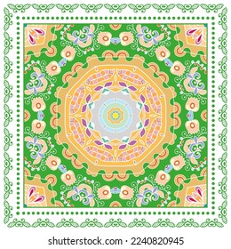 Decorative doodle ornament, symmetric pattern with lace frame. Tribal ethnic mandala decor. Bandana shawl, hijab, tablecloth fabric print, silk neck scarf, kerchief design. Colorful vector background