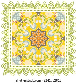 Decorative doodle ornament, symmetric pattern with lace frame. Tribal ethnic mandala decor. Bandana shawl, hijab, tablecloth fabric print, silk neck scarf, kerchief design. Colorful vector background