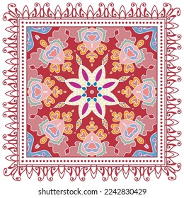 Decorative doodle ornament, symmetric pattern with lace frame. Tribal ethnic mandala decor. Bandana shawl, hijab, tablecloth fabric print, silk neck scarf, kerchief design. Colorful vector background