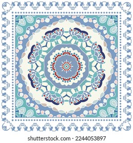 Decorative doodle ornament, symmetric pattern with lace frame. Tribal ethnic mandala decor. Bandana shawl, hijab, tablecloth fabric print, silk neck scarf, kerchief design. Colorful vector background