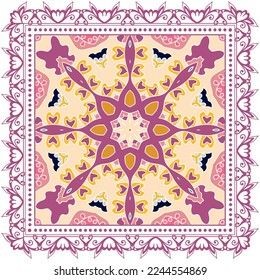 Decorative doodle ornament, symmetric pattern with lace frame. Tribal ethnic mandala decor. Bandana shawl, hijab, tablecloth fabric print, silk neck scarf, kerchief design. Colorful vector background