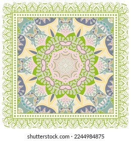 Ornamento doodle decorativo, patrón simétrico con marco de encaje. Decoración de mandala étnica tribal. Chal de andana, hijab, estampado de tela de mantel, pañuelo de cuello de seda, diseño de pañuelos. Fondo de vector colorido