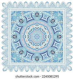Decorative doodle ornament, symmetric pattern with lace frame. Tribal ethnic mandala decor. Bandana shawl, hijab, tablecloth fabric print, silk neck scarf, kerchief design. Colorful vector background