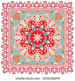 Decorative doodle ornament, symmetric pattern with lace frame. Tribal ethnic mandala decor. Bandana shawl, hijab, tablecloth fabric print, silk neck scarf, kerchief design. Colorful vector background