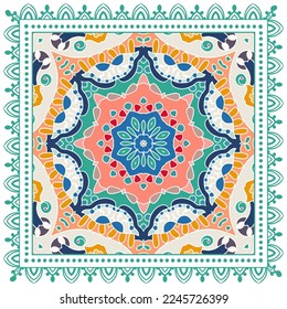 Decorative doodle ornament, symmetric pattern with lace frame. Tribal ethnic mandala decor. Bandana shawl, hijab, tablecloth fabric print, silk neck scarf, kerchief design. Colorful vector background