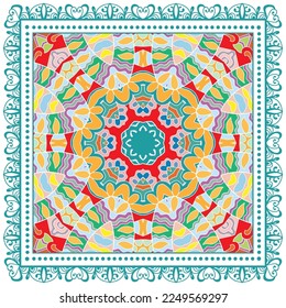 Decorative doodle ornament, symmetric pattern with lace frame. Tribal ethnic mandala decor. Bandana shawl, hijab, tablecloth fabric print, silk neck scarf, kerchief design. Colorful vector background