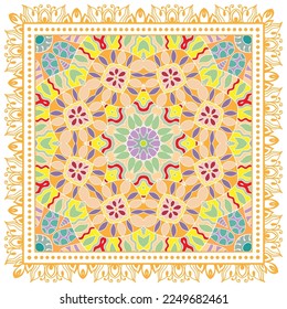 Dekorative Doodle-Ornament, symmetrisches Muster mit Spitzenrahmen. Ethnisch-ethnische Mandalendekor. Bandana-Schal, Hijab, Tischdecken-Stoffdruck, Seidenhalsschal, Kerochdesign. Farbiger Vektorhintergrund