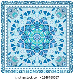 Decorative doodle ornament, symmetric pattern with lace frame. Tribal ethnic mandala decor. Bandana shawl, hijab, tablecloth fabric print, silk neck scarf, kerchief design. Colorful vector background