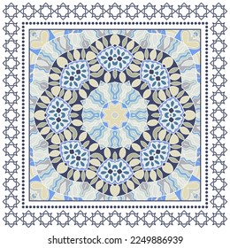 Decorative doodle ornament, symmetric pattern with lace frame. Tribal ethnic mandala decor. Bandana shawl, hijab, tablecloth fabric print, silk neck scarf, kerchief design. Colorful vector background