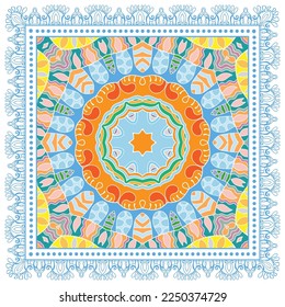 Decorative doodle ornament, symmetric pattern with lace frame. Tribal ethnic mandala decor. Bandana shawl, hijab, tablecloth fabric print, silk neck scarf, kerchief design. Colorful vector background