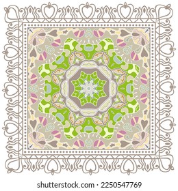 Decorative doodle ornament, symmetric pattern with lace frame. Tribal ethnic mandala decor. Bandana shawl, hijab, tablecloth fabric print, silk neck scarf, kerchief design. Colorful vector background