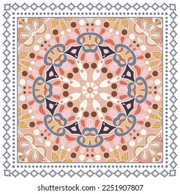 Ornamento doodle decorativo, patrón simétrico con marco de encaje. Decoración de mandala étnica tribal. Chal de andana, hijab, estampado de tela de mantel, pañuelo de cuello de seda, diseño de pañuelos. Fondo de vector colorido