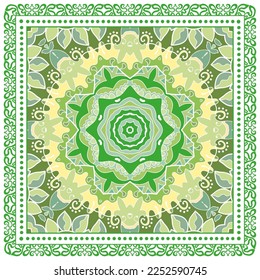 Decorative doodle ornament, symmetric pattern with lace frame. Tribal ethnic mandala decor. Bandana shawl, hijab, tablecloth fabric print, silk neck scarf, kerchief design. Colorful vector background