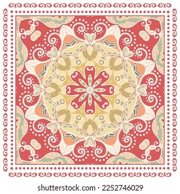Dekorative Doodle-Ornament, symmetrisches Muster mit Spitzenrahmen. Ethnisch-ethnische Mandalendekor. Bandana-Schal, Hijab, Tischdecken-Stoffdruck, Seidenhalsschal, Kerochdesign. Farbiger Vektorhintergrund