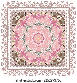 Decorative doodle ornament, symmetric pattern with lace frame. Tribal ethnic mandala decor. Bandana shawl, hijab, tablecloth fabric print, silk neck scarf, kerchief design. Colorful vector background