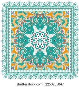 Decorative doodle ornament, symmetric pattern with lace frame. Tribal ethnic mandala decor. Bandana shawl, hijab, tablecloth fabric print, silk neck scarf, kerchief design. Colorful vector background