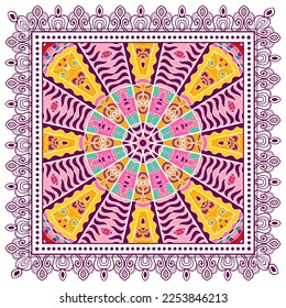 Decorative doodle ornament, symmetric pattern with lace frame. Tribal ethnic mandala decor. Bandana shawl, hijab, tablecloth fabric print, silk neck scarf, kerchief design. Colorful vector background