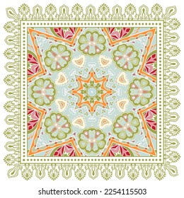 Decorative doodle ornament, symmetric pattern with lace frame. Tribal ethnic mandala decor. Bandana shawl, hijab, tablecloth fabric print, silk neck scarf, kerchief design. Colorful vector background