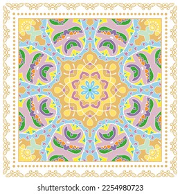 Decorative doodle ornament, symmetric pattern with lace frame. Tribal ethnic mandala decor. Bandana shawl, hijab, tablecloth fabric print, silk neck scarf, kerchief design. Colorful vector background