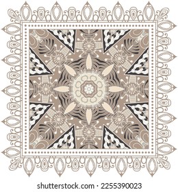 Decorative doodle ornament, symmetric pattern with lace frame. Tribal ethnic mandala decor. Bandana shawl, hijab, tablecloth fabric print, silk neck scarf, kerchief design. Colorful vector background