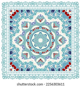 Decorative doodle ornament, symmetric pattern with lace frame. Tribal ethnic mandala decor. Bandana shawl, hijab, tablecloth fabric print, silk neck scarf, kerchief design. Colorful vector background
