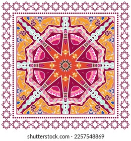 Decorative doodle ornament, symmetric pattern with lace frame. Tribal ethnic mandala decor. Bandana shawl, hijab, tablecloth fabric print, silk neck scarf, kerchief design. Colorful vector background