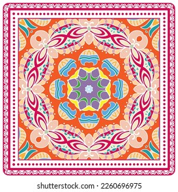 Decorative doodle ornament, symmetric pattern with lace frame. Tribal ethnic mandala decor. Bandana shawl, hijab, tablecloth fabric print, silk neck scarf, kerchief design. Colorful vector background